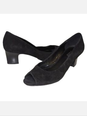 Franco Sarto Suede Leather Pumps Black Peep Toe Block Heels Size 10